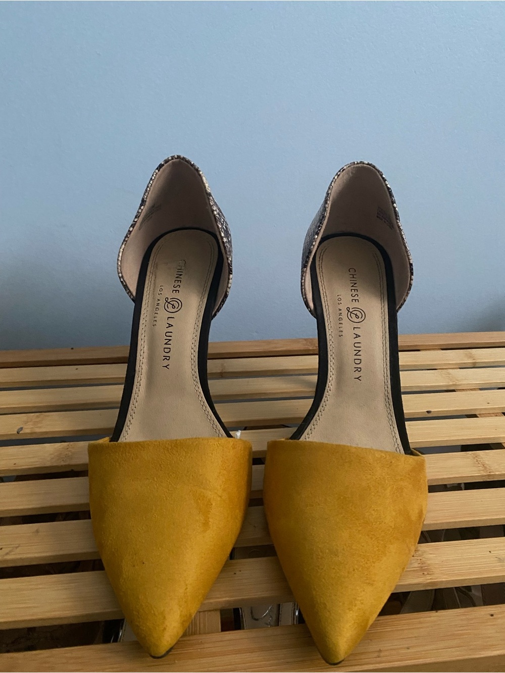 Chinese Laundry D’Orsay Pointed-Toe Flats in Mustard Yellow with Patterned Heel